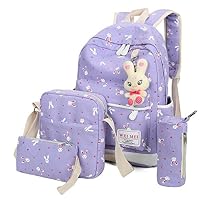Sagton 4pcs Cute Bunny Print Canvas Backpack Women Girls Boys School Bags+ Shoulder bag+ Handbag+ Pencil case (Purple)