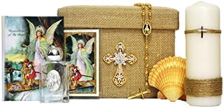 All in One Baptism Christening Guardian Angel Gift Set 7 Piece Keepsake English in Gold Offerings in a Box Church Bautizo