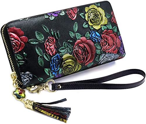 Women Zip Around Wallet, Large Capacity Ladies Leather Purse with 3D Stereoscopic Rose Pattern Zip Around Purses for Women with 12 Credit Card, Bill and Phone Pocket Large Leather Purses (Black 1)