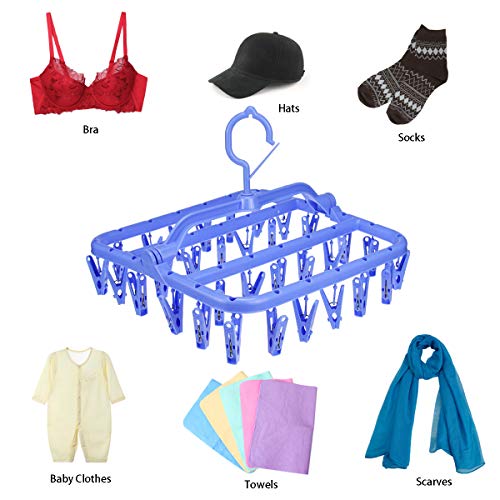 HAPY SHOP Foldable Laundry Hanger Drying Rack,Plastic Laundry Clip with 32 Clips,Clip Hanger Drip Drying Hanger Underwear Hanger with Clips for Socks, Bras, Lingerie, Clothes,Towel,Scarf,Blue - Thumbnail 2