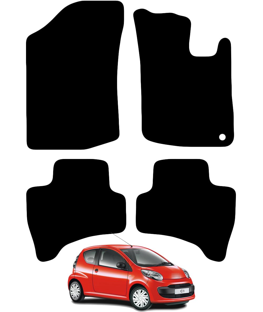 Carsio Carpet Car Mats For Citroen C1 2005 2015 4 Piece Set with 1 Clip Tailored Fit Floor Mat Complete Accessory Black Custom Fitted - All Weather, Anti-Slip Backing & Black Trim