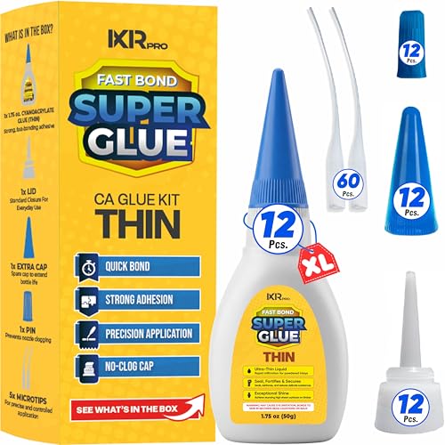 CA Glue Thin Viscosity Kit (12x1.75 oz.) Cyanoacrylate Glue, Super Glue for Precision Repairs, Wood, Plastic, Model Building, Crafts, and 3D Printing, Fast-Drying Adhesive for Tight Spaces and Cracks