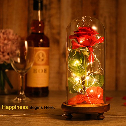 Beauty and Beast Roses, Dream Flower Red Silk Rose with LED Light and Fallen Petals on a Glass Dome Wooden Base, Best for Weddings, Anniversaries, Educational Gifts for Kids - Thumbnail 4
