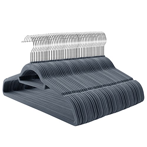 SONGMICS Velvet Hangers, 100 Pack, Non-Slip Clothes Hangers, 0.6 cm Thickness, Space Saving, 360° Swivel Hooks, 43,5 cm Long, for Coat, Jacket, Shirt, Dress, Trousers, Light Grey CRF100VX