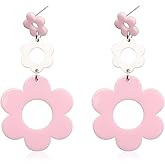 Acrylic Flower Earrings for Women,Double Daisy Floral Drop Earrings,Y2k Yellow Flowers 60/70s Accessories Earrings Vintage Party Jewelry