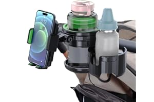 3-in-1 Stroller Cup Phone Holder Attachment, Cup Holder with Phone Mount for Walker, Wheelchair, Stroller, Universal Double C