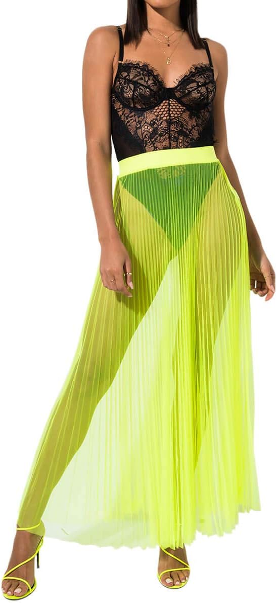 AKIRA Women's Accordion Pleated See Through Mesh Elastic Waist Swim Cover Maxi Skirt