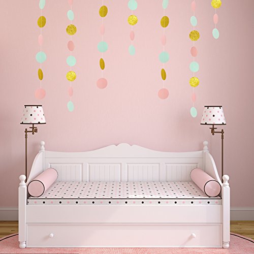 Paper Garland Circle Dots Streamer Backdrop Hanging Decorations for Birthday Baby Shower Wedding Decor - 5 Pack, 6.6 Feet Each (Pink,Mint,Gold)