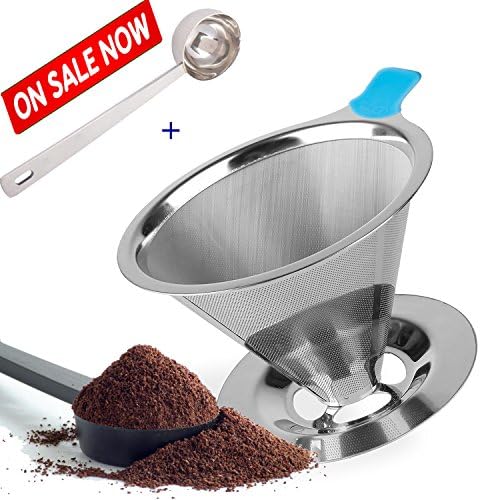 Paperless Pour Over Coffee Dripper - Stainless Steel Permanent Reusable Coffee Filter For Chemex-Hario V60 and other Coffee Makers with Coffee Cup Stand and a FREE Coffee Scoop.