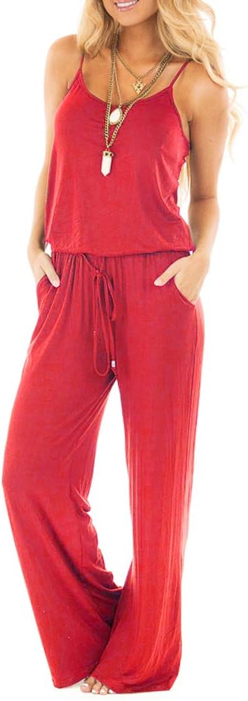 sullcom Women Summer Solid Sleeveless Wide Leg Jumpsuit Casual Spaghetti Strap Stretchy Long Pant Rompers