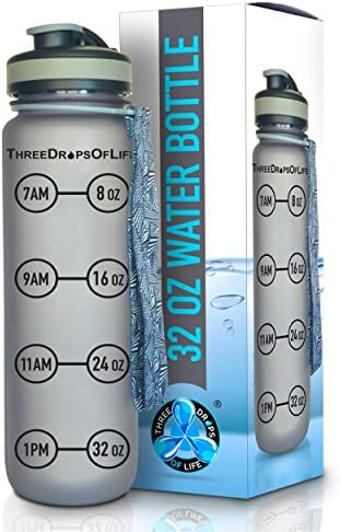 Three Drops of Life Sport Water Bottle, 1000ml Leak Proof Sports Bottle - Drink Time Markings, Reusable Non-Toxic BPA Free, Flip Lid for Ease During Cycling, Running, Gym, Camping and Hiking