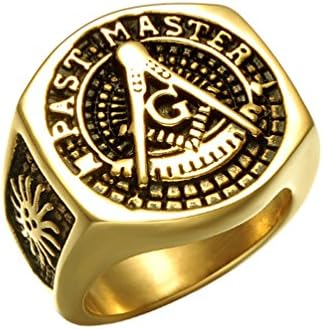 Men's Stainless Steel Past Master Masonic Freemason Gold Stone Ring