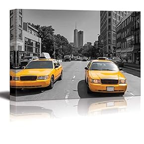 Black and White Photograph with Pop of Color on Yellow Taxis of New York - Canvas Art Home Art - 12x18 inches