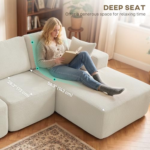 HOMCOM 105" L-Shaped Modular Sectional Sofa, Boneless Cloud Couch with Deep Seat, Wide Armrests, Pillows, 2-in-1 Corduroy Sofa Bed for Living Room, No Assembly Required, Cream