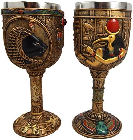 Atlantic Collectibles Ancient Egyptian God Of Knowledge & Technology Thoth & Sekhmet Goddess of War 6oz Resin Wine Goblet Chalice With Stainless Steel Liner Set of 2