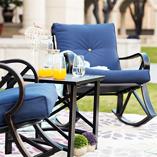 PatioFestival Conversation Furniture Set,5 Pcs Cushioned All Weather Metal Outdoor Furniture Sectional with Loveseat,2 Padded Rocking Chairs,Coffee Table,Bistro Table (5 PCs, Blue)
