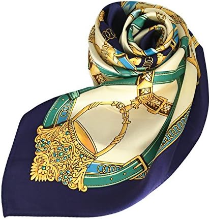 Nita 100% Natural Mulberry Silk Classic Belt &amp; Chain Scarf 35"x35" (Dark Blue)
