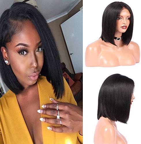 Natural Black Bob Wig Brazilian Virgin Human Hair Wig Natural Hairline Hand Tied Bleached Knots Middle Part 13x4 Lace Frontal 180% Density Full End With Baby Hair #1B for Women Costume Party 8inch