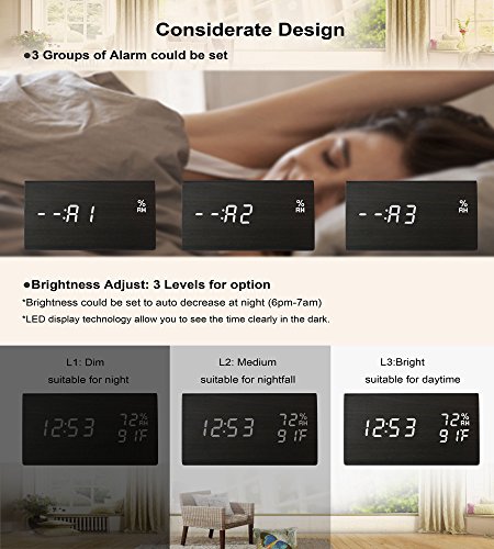image for Raercodia Night Clock Wood Desk Clock LED Wooden Alarm Clock Night Lig
