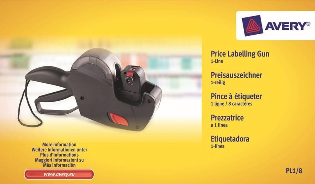 Avery Easy to use, Starter Kit, Pricing/ Price Gun, Multi Use, Black (white labels), 1 x price gun, 1 x roll of 1500 price labels, 1 x ink cartridge (PL1/8)