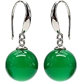 Stone Drop Hooks Ball Beaded Earrings for Women,12mm Green Agate 925 Silver Dangle Earrings for Women Jewelry Accessories