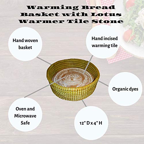The Crabby Nook Warming Bread Basket with Lotus Warmer Tile Stone Hand Woven For Rolls Appetizers (12 Inch Natural) - Thumbnail 3