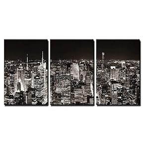 3 Piece Canvas Wall Art - New York City Midtown Skyline Panorama with Skyscrapers and Urban Cityscape at Night. - Modern Home Art Stretched and Framed Ready to Hang - 16"x24"x3 Panels