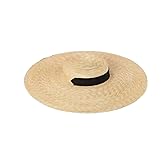 DKUWBJAS Women's Vintage Straw Boater Hat with Wide Flat Brim, Beach Sun Hat with Chin Strap, Straw Boater for Women, Beige Color