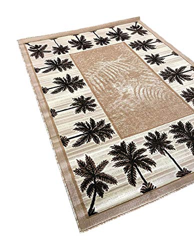 Palm Tree Modern Area Rug Tropical Beige & Green Design 729 (8 Feet X 10 Feet)