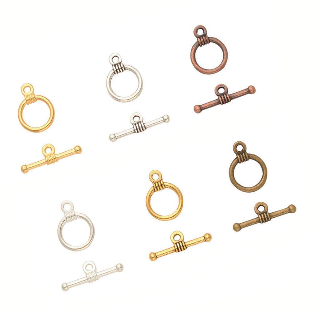 PandaHall Elite 150 Sets 6 Color Round Toggle Clasps Tibetan Alloy Antique T-Bar Closure Bracelet Jewellery Clasp for Necklace Bracelet Jewellery Making