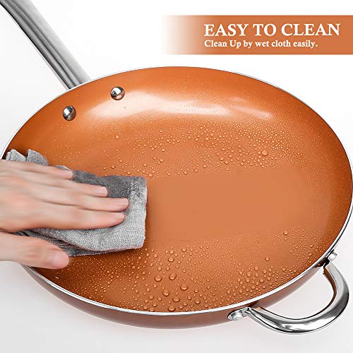 SHINEURI 12 inch Nonstick Copper Frying Pan Deep Skillet Pan with Stainless Steel Handle, Round Saute Pan for Broiling Steaming and Braising, Dishwasher Safe PFOA PTFE Free