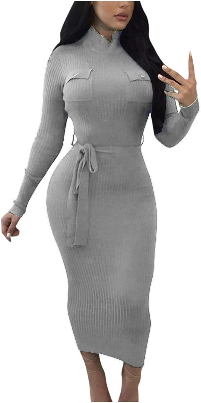 MAWOLY Women's O-neck plain turtleneck belt long button knitted sleeves knee-length dress 