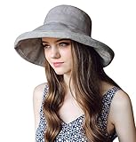 Home Prefer Women's Cotton Essential Summer Hat Fold up Wide Brim Sun Bucket Hat UPF50+ Fishing Hat Beach Sun Hat with Stripes Light Gray