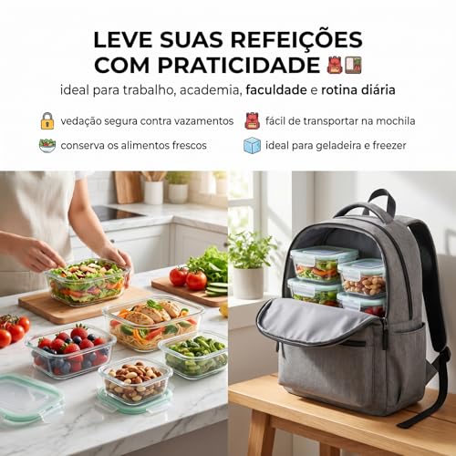 Pote de Vidro Hermético 370ml Retangular Kit 10 Unidades Marmita com Trava Organizador de Alimentos para Geladeira Freezer e Microondas