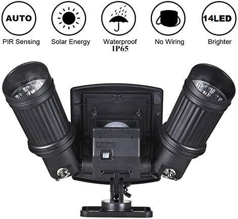 Dual Solar Sensor Lights, Solar Security Light Outdoor 14 LED Dual Head Adjustable Spotlight Wall Lights for Patio, Deck, Garage Door, Porch and Garden, Driveway (1 Pack)