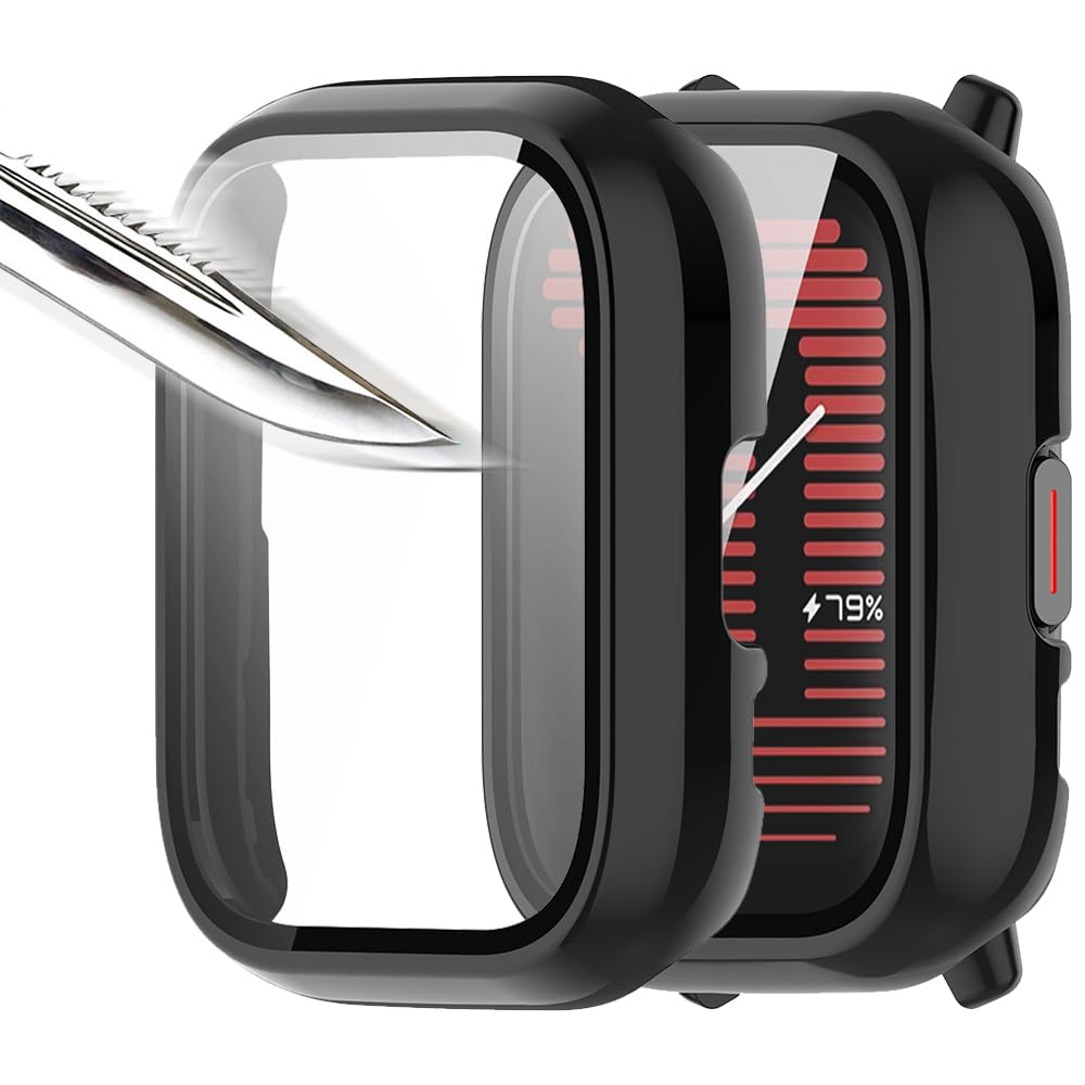 Msiall With Tempered Glass Screen Protector Protective Case Compatible with Amazfit Active, Hard PC All-Round Screen Protector Ultra Thin Bubble-Free Against Scratches Protective Case – Black [Pack of