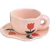 Koythin Ceramic Coffee Mug with Saucer Set, Cute Creative Cup Unique Irregular Saucer Design for Office and Home, Dishwasher and Microwave Safe, 6 oz/180 ml for Latte Tea Milk (Pink Tulips)