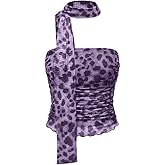 Women's Leopard Print Tube Top Cheetah Print Top Ruched Strapless Mesh Halter Tops for Women Going Out Party