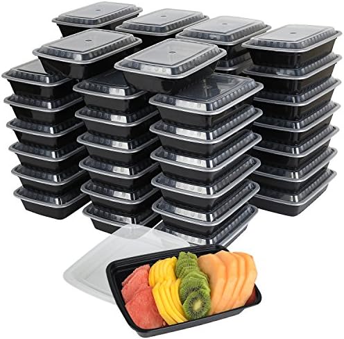7-Pack Meal Prep Plastic Microwavable Food Containers with Tight Safety Lid Covers 28 oz.- Black Rectangular Reusable Storage Lunch Boxes - BPA-Free Food Grade - Freezer Dishwasher Safe