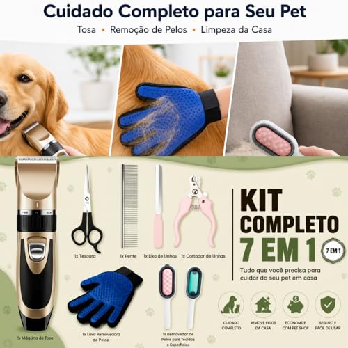 Kit Tosa Pet Profissional Completo 7 em 1 Máquina Luva Removedora Escova Tesoura Lixa Cortador Unhas Cães e Gatos