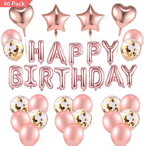 Dolank Rose Gold Balloons Decorations Set Happy Birthday Banner 12" Rose Gold Balloon and 18'' Star Heart Foil Balloons with Gold String for Party Supplies