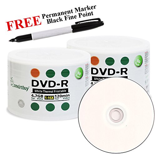 Smartbuy 100-disc 4.7GB/120min 16x DVD-R White Thermal Hub Printable Blank Media Disc + Black Permanent Marker