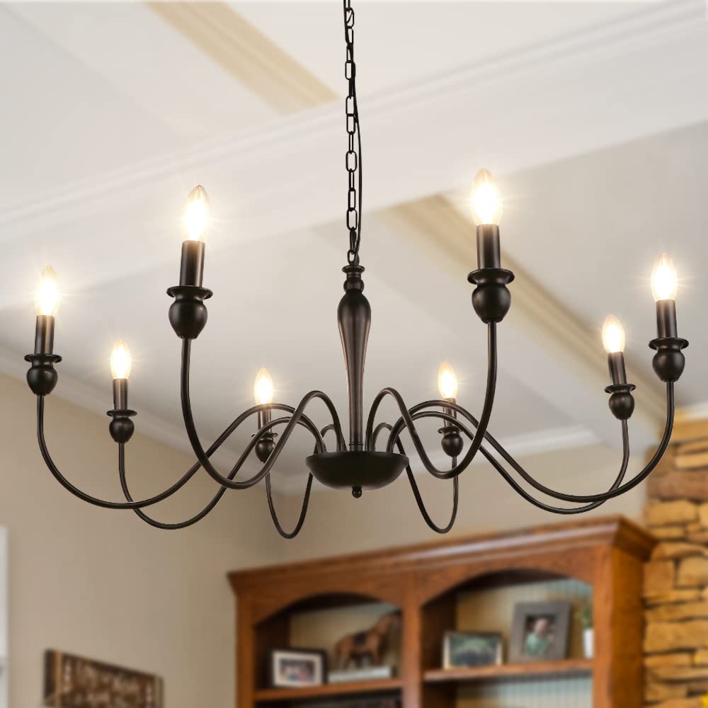 LynPon Black Chandelier Vintage Industrial 8-Light Shabby Chic Classic Pendant Light Fittings Antique Ceiling Lighting for Living Room Farmhouse Dining Room