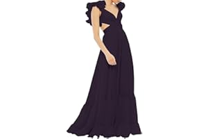 Lawrncedw Chiffon Ruffle Prom Dresses for Women V Neck Long Bridesmaid Dresses Backless Formal Evening Gowns A Line