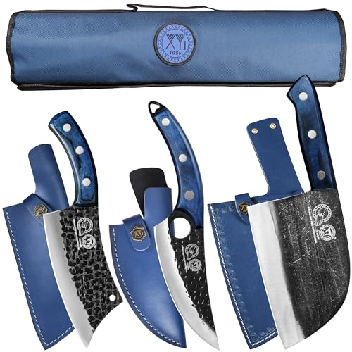Photo 1 of XYJ FULL TANG 6.7 Inch forging Butcher Knife 6.2 Inch Camping Kitchen Knives 6 Inch Outdoor Boning Knife with Carry Sheath&Chef Knives Bag&Cutlery Gadget Set (Blue)