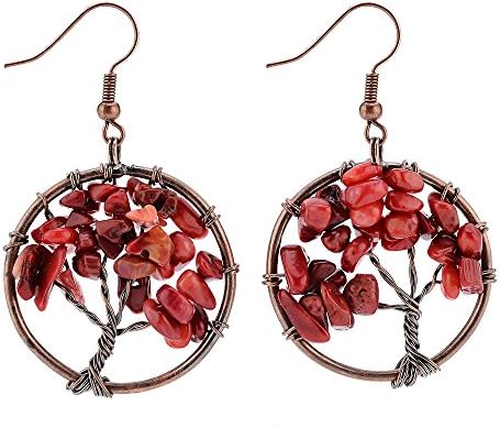 Tree of Life Dangle Earrings Chakra Jewelry Handmade of Life Amethyst Rose Crystal Earrings Gemstone Chakra Jewelry Mothers Day Gifts (Bronze Red Coral)