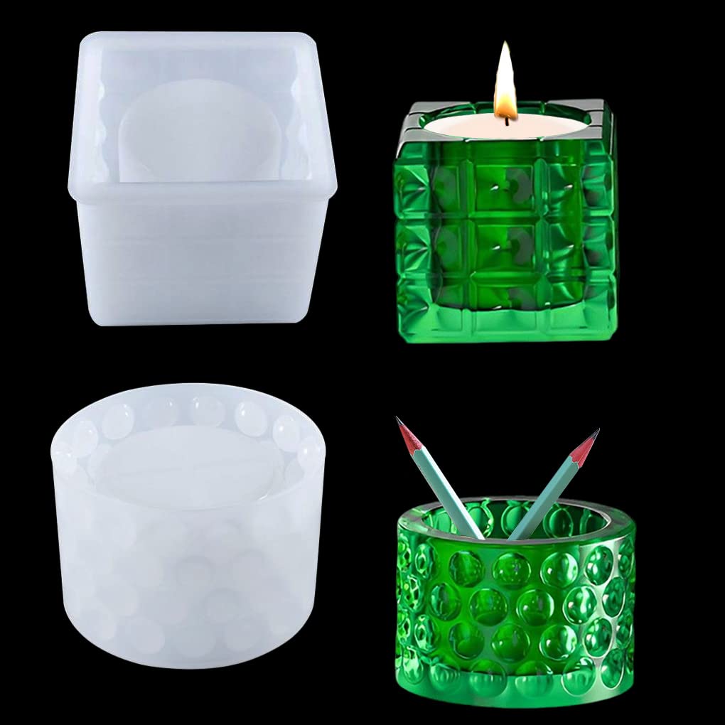 FineInno 2pcs Resin Moulds for Candle Holder Silicone Tealight Mould Pen Holder Epoxy Casting Moulds DIY Pen Holder Flower Pot Home Decor