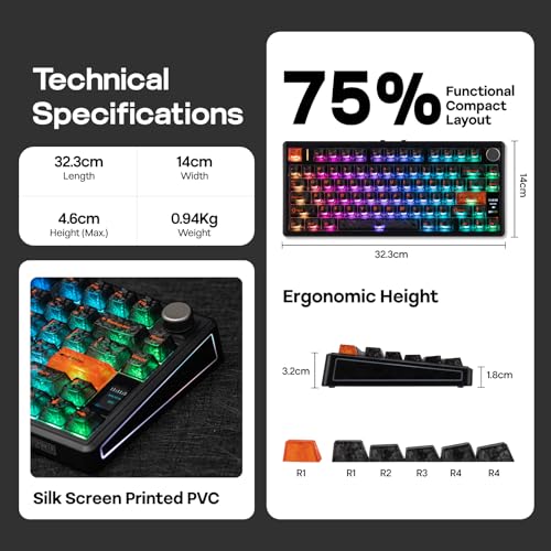 EPOMAKER TH80 V2 PRO Wireless Gaming Keyboard with Screen&Knob, 10000mAh, 2.4Ghz/BT/USB-C, RGB, Hot Swap, Custom Driver, NKRO, PBT Keycap, Mechanical Keyboard for PC/Mac (Black, Sea Salt Silent)