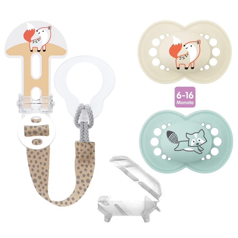 MAM SkinSoftTM Silikon Dummies 6-16 months incl. sterilising and transport box & MAM Clip it! & Cover