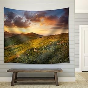 Mountain Field During Sunset. Beautiful Natural Landscape - Fabric Wall Tapestry Home Decor - 51x60 inches